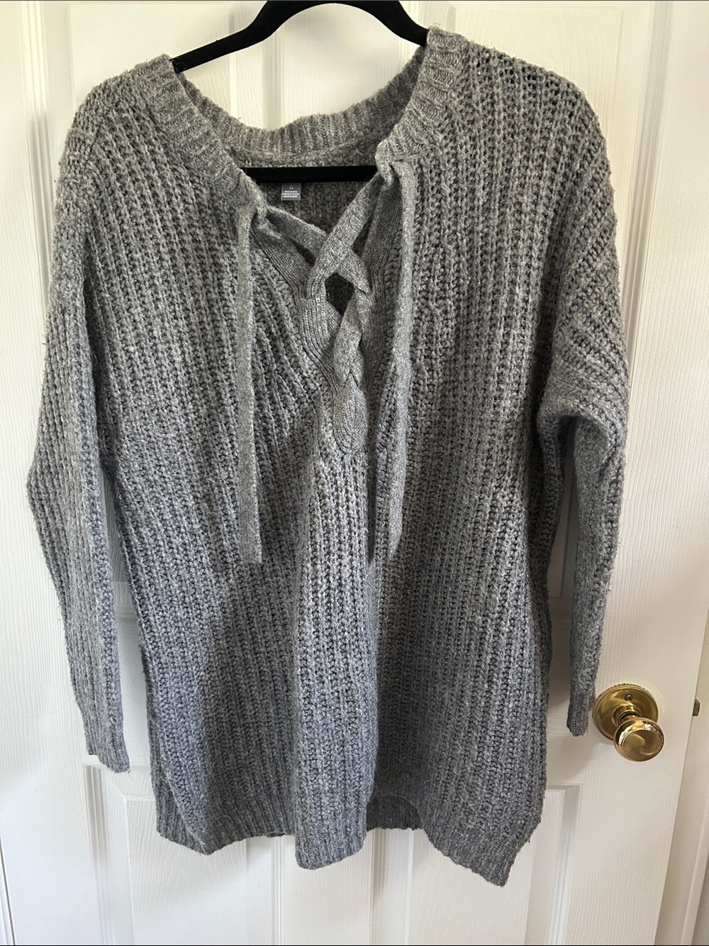 aerie Gray Lace-Up V-Neck Ribbed Knit Sweater